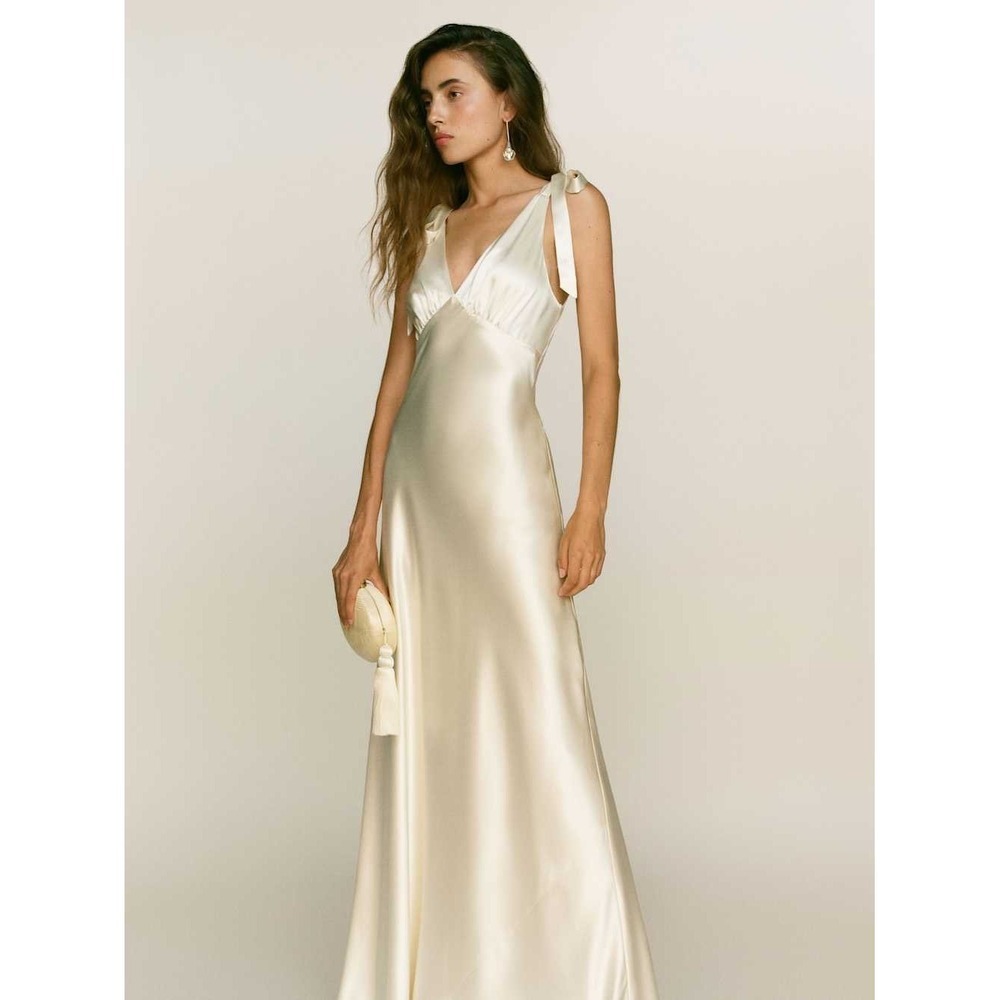 New Reformation Pernille Silk Dress Ivory Bridal V Neck Tie Shoulder Maxi Gown